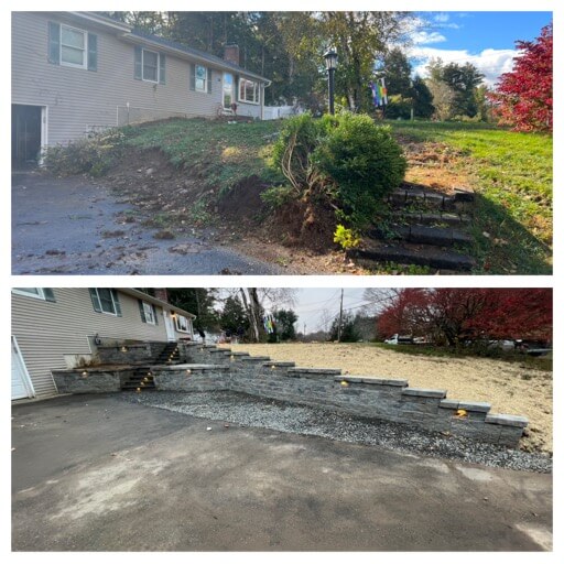 Before and after retaining wall and steps with outdoor lighting installed. Daytime