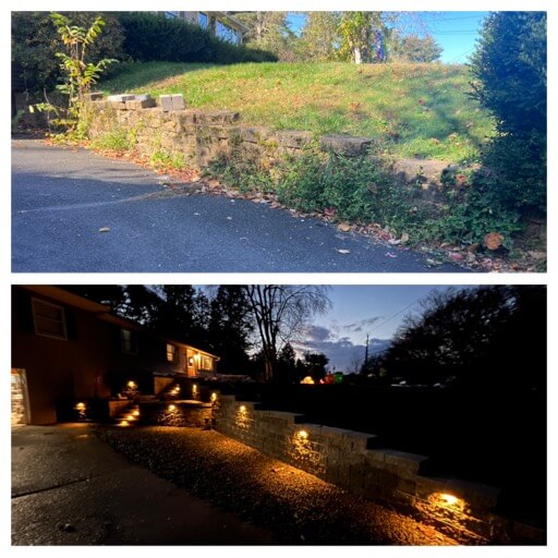 Before and after retaining wall and steps with outdoor lighting installed. Night time