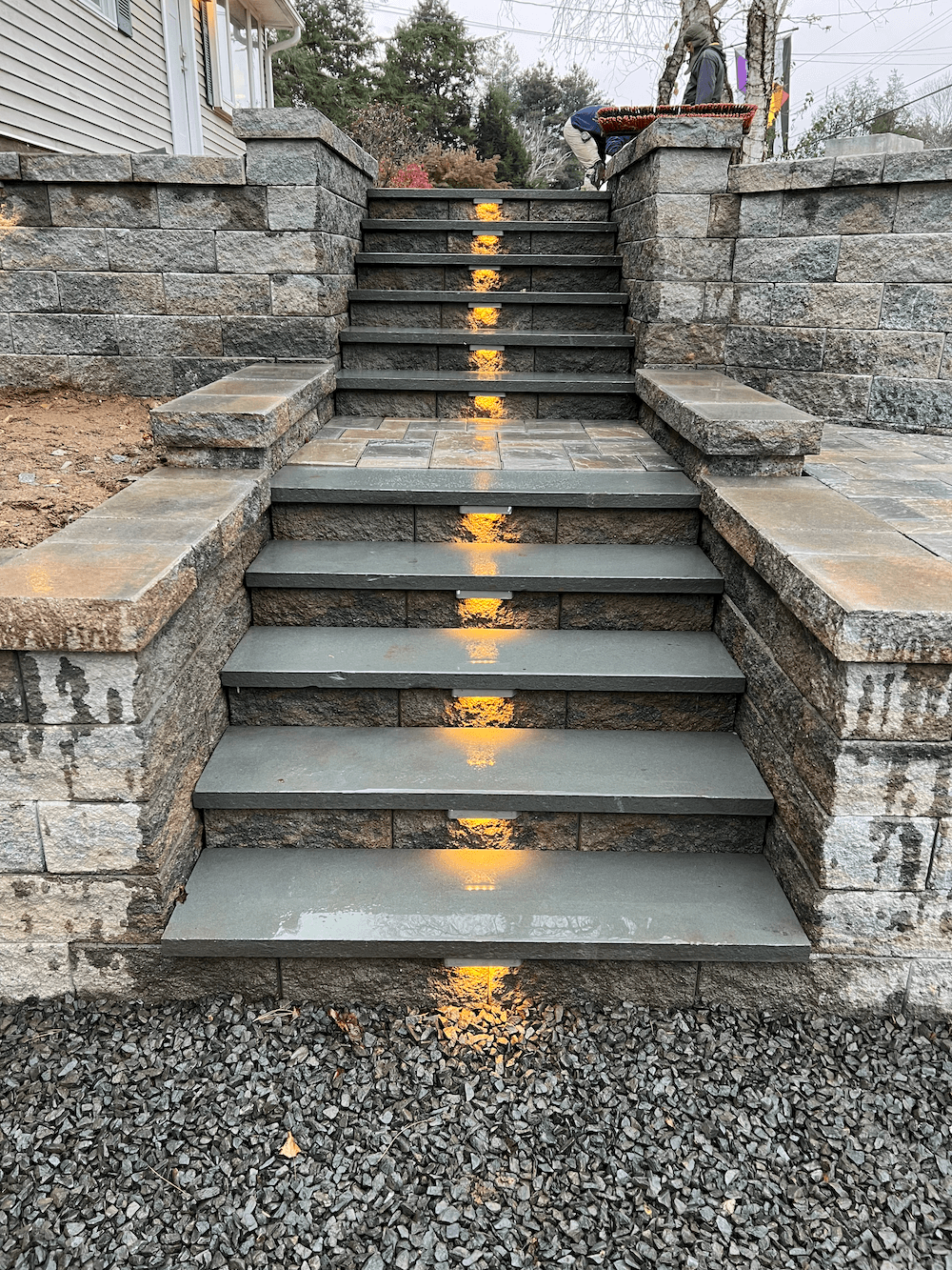 Block stairs with lighting. Daytime 